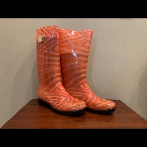 HP! NWT NICOLE MILLER Coral Sashimi Rain Boots - Picture 2 of 8